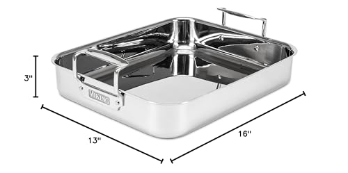 Viking 3-Ply Stainless Steel Roasting Pan with Non Stick Rack, 16 x 13 Inch Kitchen Cookware, Great for Turkey, Dishwasher and Oven Safe, Induction Ready, Silver