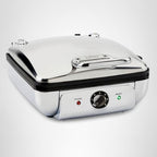All-Clad Belgian Waffle Maker with stainless steel finish, power settings, and compact upright storage design.