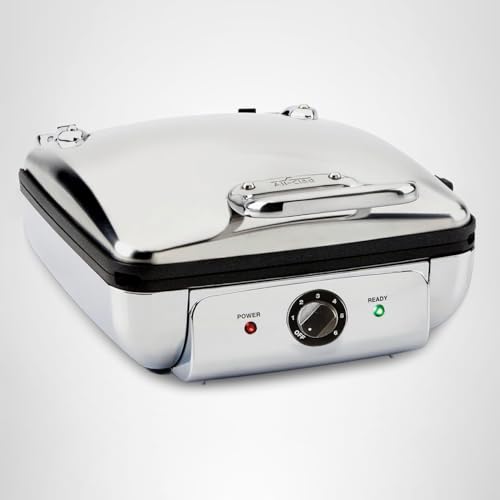 All-Clad Belgian Waffle Maker with stainless steel finish, power settings, and compact upright storage design.