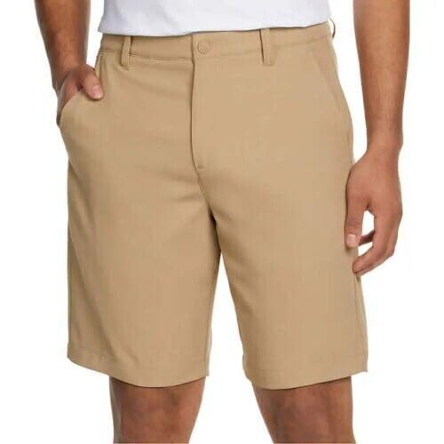 Kirkland Signature Men's Performance Shorts in khaki color, perfect for active wear and casual outings.