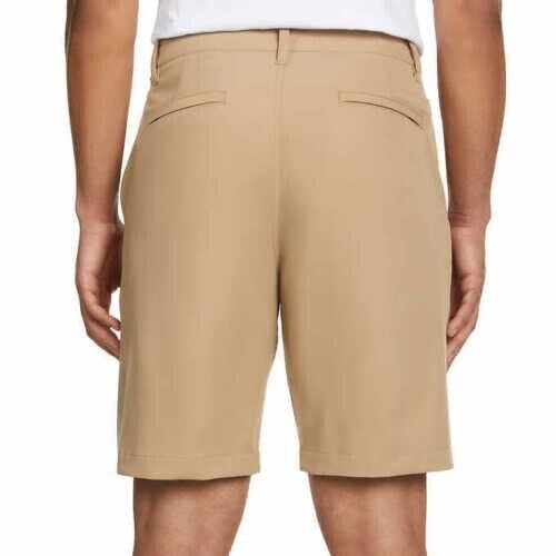 Back view of KIRKLAND Signature Men's Performance Shorts in khaki color, showcasing comfort and style for everyday wear.
