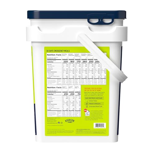 Augason Farms 30 Day Emergency Food Supply nutritional information on the bucket's back panel.