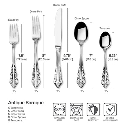 Wallace Antique Baroque 65-Piece 18/10 Stainless Steel Flatware Set, Service for 12, Silver