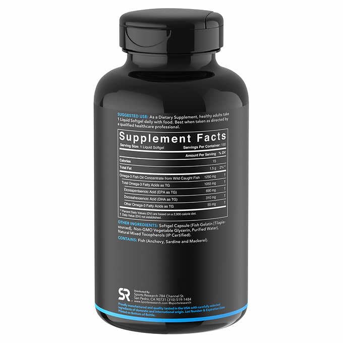 Sports Research Triple Strength Omega 3 Fish Oil - Burpless Fish Oil Supplement w/EPA & DHA Fatty Acids from Wild Caught Fish - Heart, Brain & Immune Support for Men & Women - 1250 mg, 150 ct