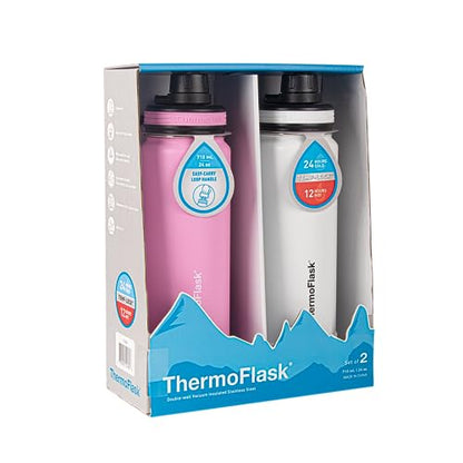 ThermoFlask 24 oz Double Wall Vacuum Insulated Stainless Steel 2-Pack of Water Bottles, Strawberry/Arctic White