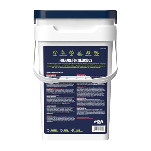 Augason Farms 30 Day Emergency Food Supply bucket with meal variety information on the back.