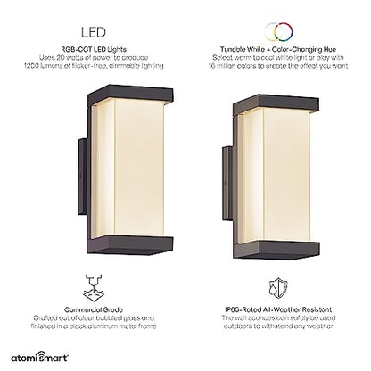 Atomi Smart WiFi LED Square Wall Sconce Lights – 2-Pack, 1200 Lumens 20W, Tunable and Dimmable, Outdoor IP65, White and Color-Changing 2000K-6500K, App Control, Works with Alexa and Google Assistant