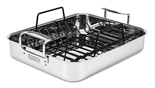 Viking 3-Ply Stainless Steel Roasting Pan with Non Stick Rack, 16 x 13 Inch Kitchen Cookware, Great for Turkey, Dishwasher and Oven Safe, Induction Ready, Silver
