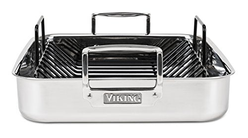 Viking 3-Ply Stainless Steel Roasting Pan with Non Stick Rack, 16 x 13 Inch Kitchen Cookware, Great for Turkey, Dishwasher and Oven Safe, Induction Ready, Silver