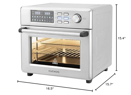 CUCKOO Air Fryer Oven with stainless steel exterior and digital control panel dimensions of 16.5" x 15.4" x 15.7".