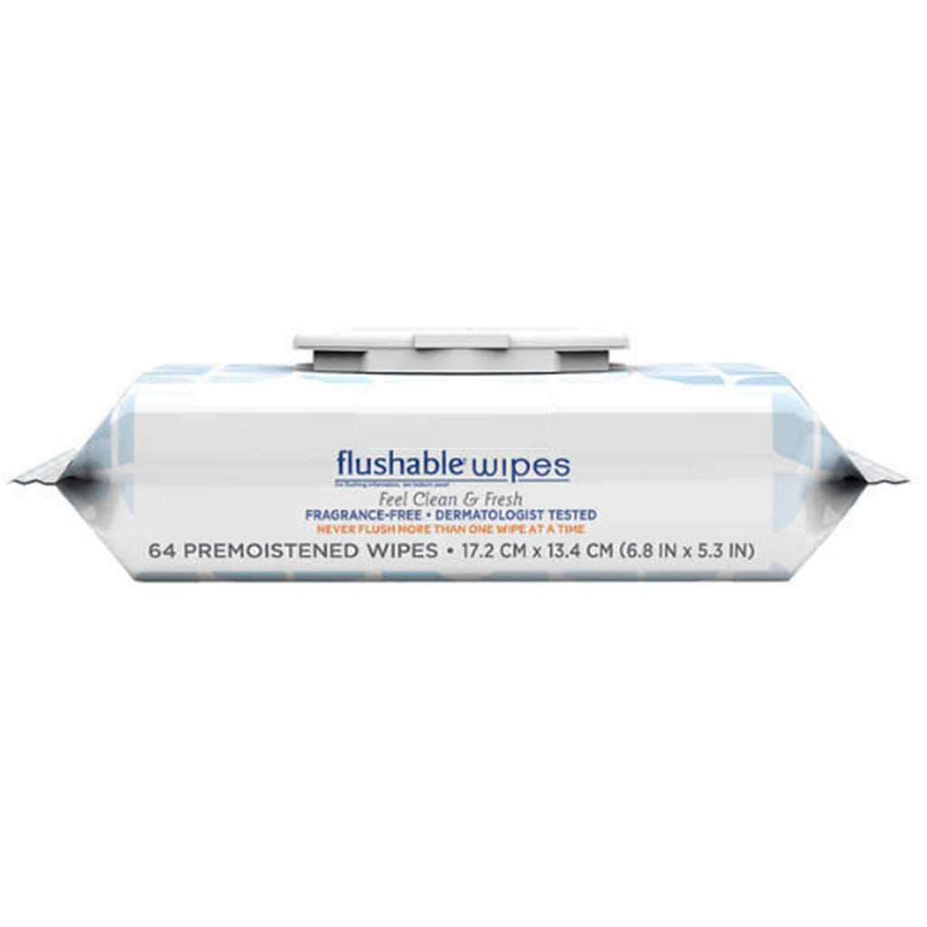 Kirkland Signature Flushable Wipes Fragrance Free package showing 64 premoistened wipes for personal care.