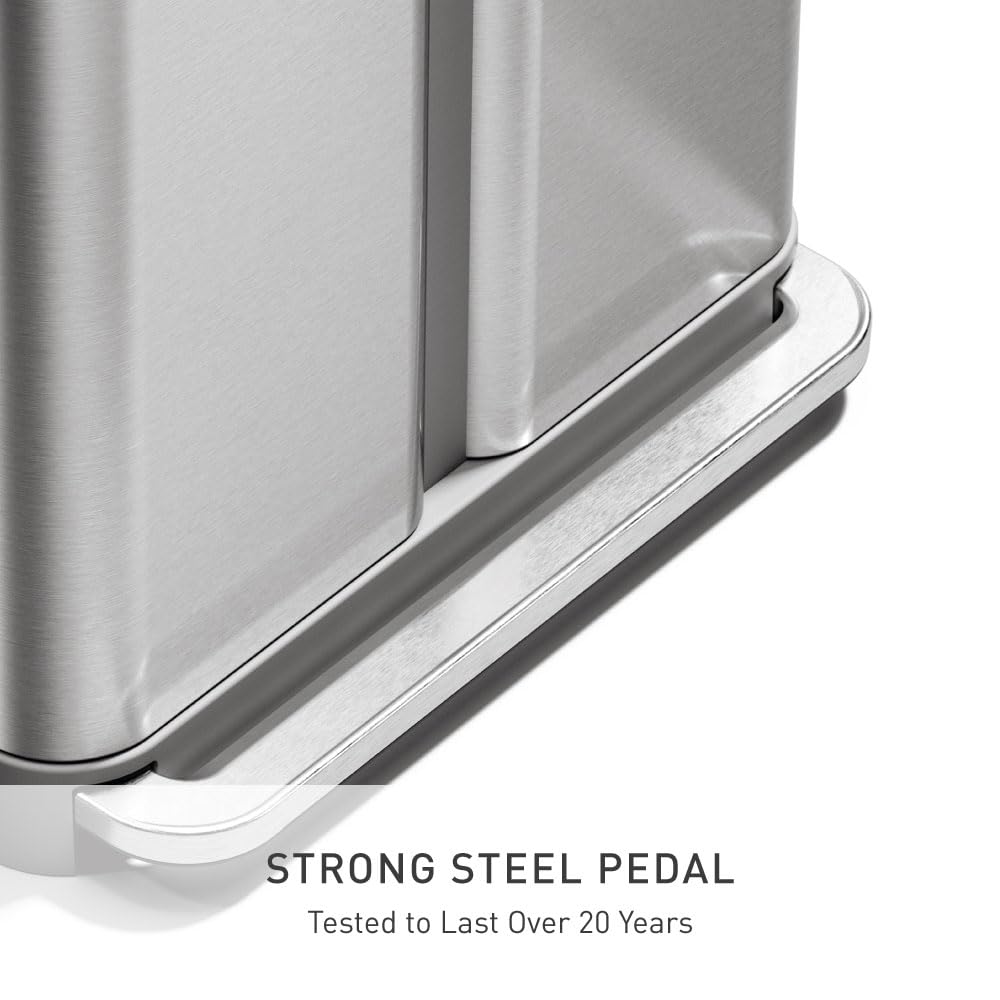 simplehuman 58 Liter / 15.3 Gallon Rectangular Dual Compartment Recycling Step, Brushed Stainless Steel with Soft-Close Plastic Lid Kitchen Trash Can