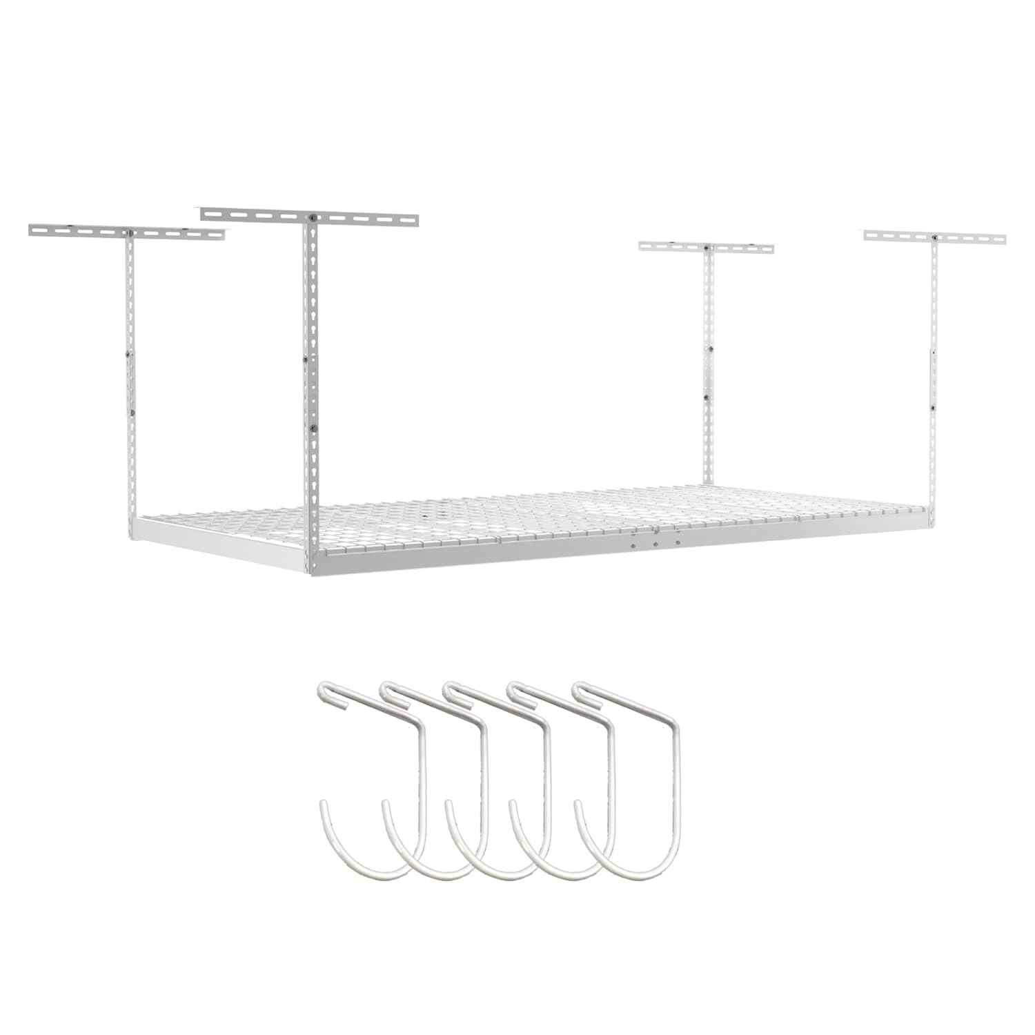 SafeRacks 4 ft x 8 ft Overhead Storage Rack Adjustable 24 in - 45in Height (White) With Accessory Pack With 5-Piece Hook Accessory Pack 2 pack