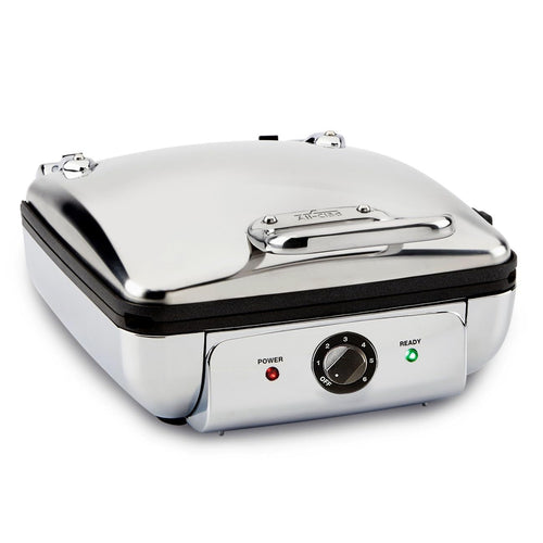 All-Clad Belgian Waffle Maker in silver, featuring adjustable settings and automatic alerts for perfect waffles.