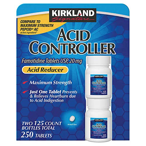 Kirkland Signature Maximum Strength Acid Controller Relieves Heartburn Due to Acid Indigestion Famotidine Tablets, Usp 20mg Acid Reducer - 2 Packs of 125 Counts Bottle Tablets (250 Tablets Total) - Cos10