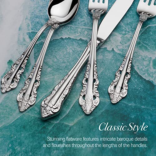 Wallace Antique Baroque 65-Piece 18/10 Stainless Steel Flatware Set, Service for 12, Silver