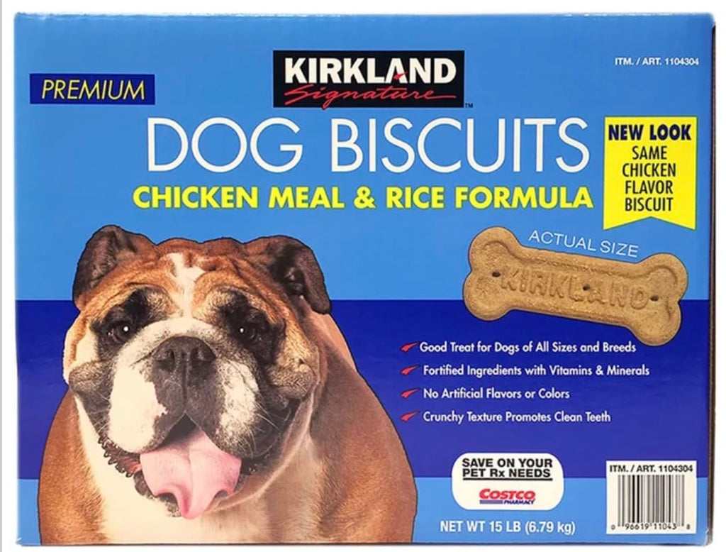 Kirkland Signature Premium Dog Biscuits Chicken Meal Rice 15lb packaging with dog biscuit and bulldog image.