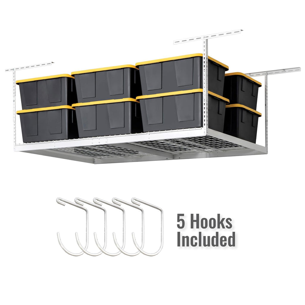 SafeRacks 4 ft x 8 ft Overhead Storage Rack Adjustable 24 in - 45in Height (White) With Accessory Pack With 5-Piece Hook Accessory Pack 2 pack
