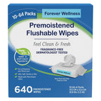 Kirkland Signature Flushable Wipes Fragrance Free 640ct package featuring ultra-soft and plant-based ingredients.