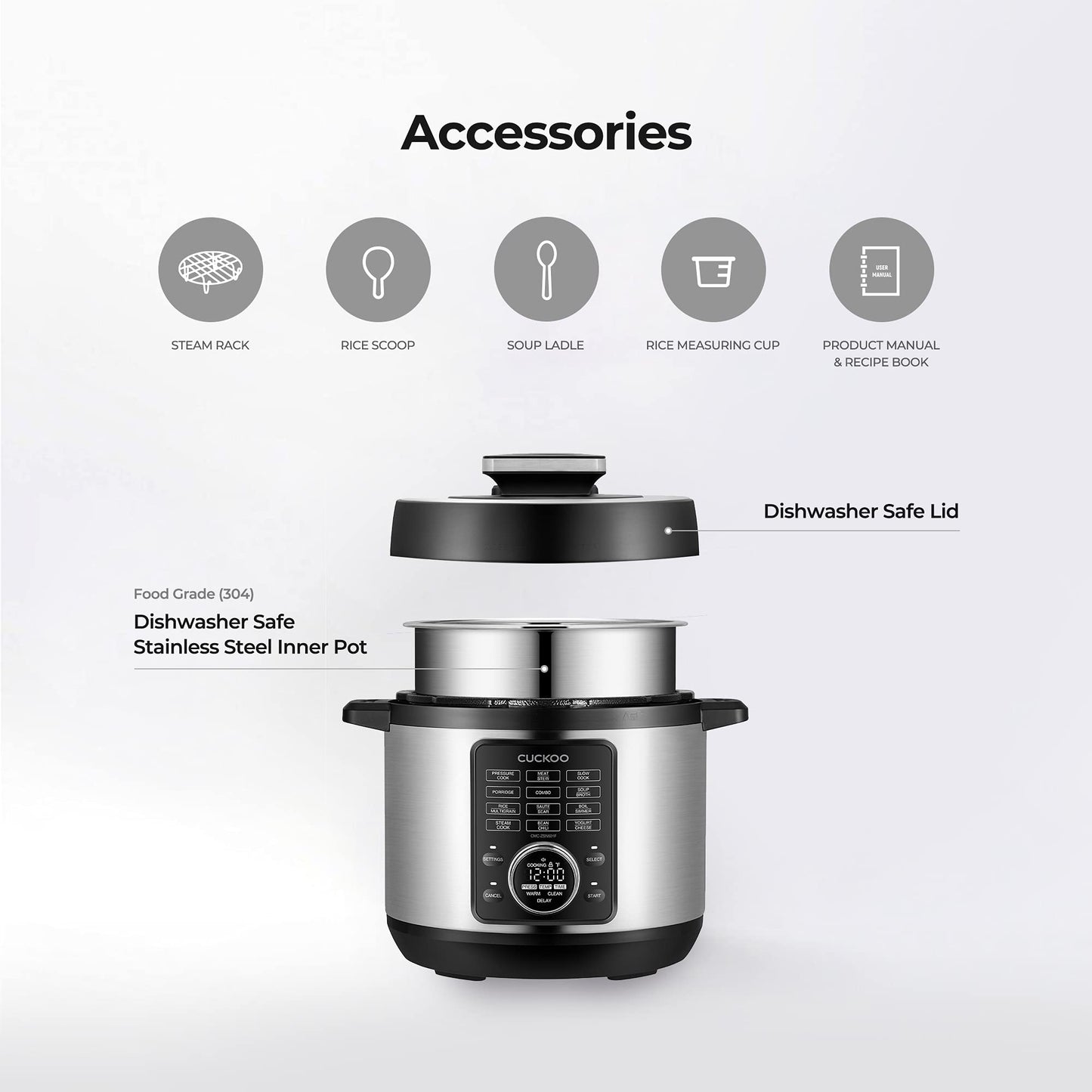 CUCKOO Pressure Cooker 10 Menu Options: Steamer, Slow Cook, Sauté, Porridge, & More, User-Friendly LED Display, Stainless Steel Inner Pot, 24 Cup / 6 Qt. (Uncooked) CMC-ZSN601F Black