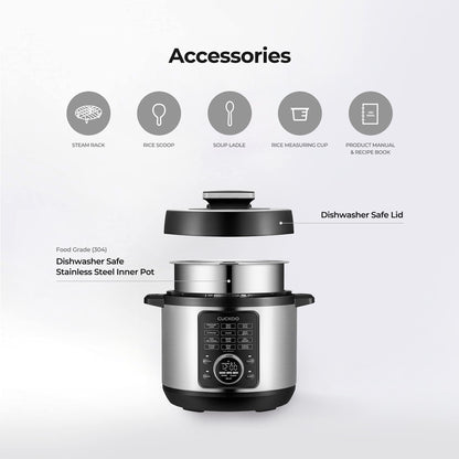 CUCKOO Pressure Cooker 10 Menu Options: Steamer, Slow Cook, Sauté, Porridge, & More, User-Friendly LED Display, Stainless Steel Inner Pot, 24 Cup / 6 Qt. (Uncooked) CMC-ZSN601F Black