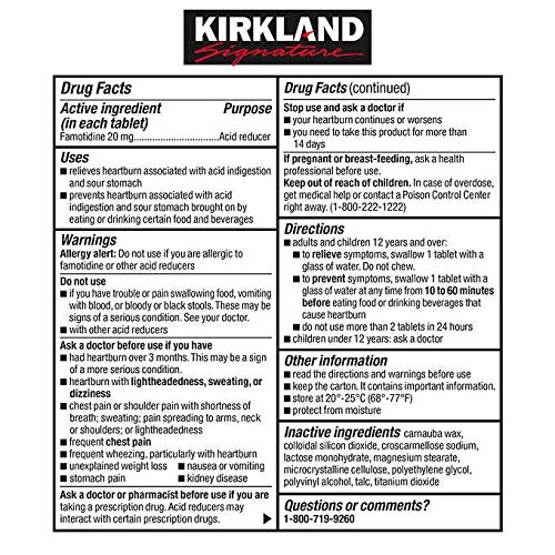 Kirkland Signature Maximum Strength Acid Controller Relieves Heartburn Due to Acid Indigestion Famotidine Tablets, Usp 20mg Acid Reducer - 2 Packs of 125 Counts Bottle Tablets (250 Tablets Total) - Cos10