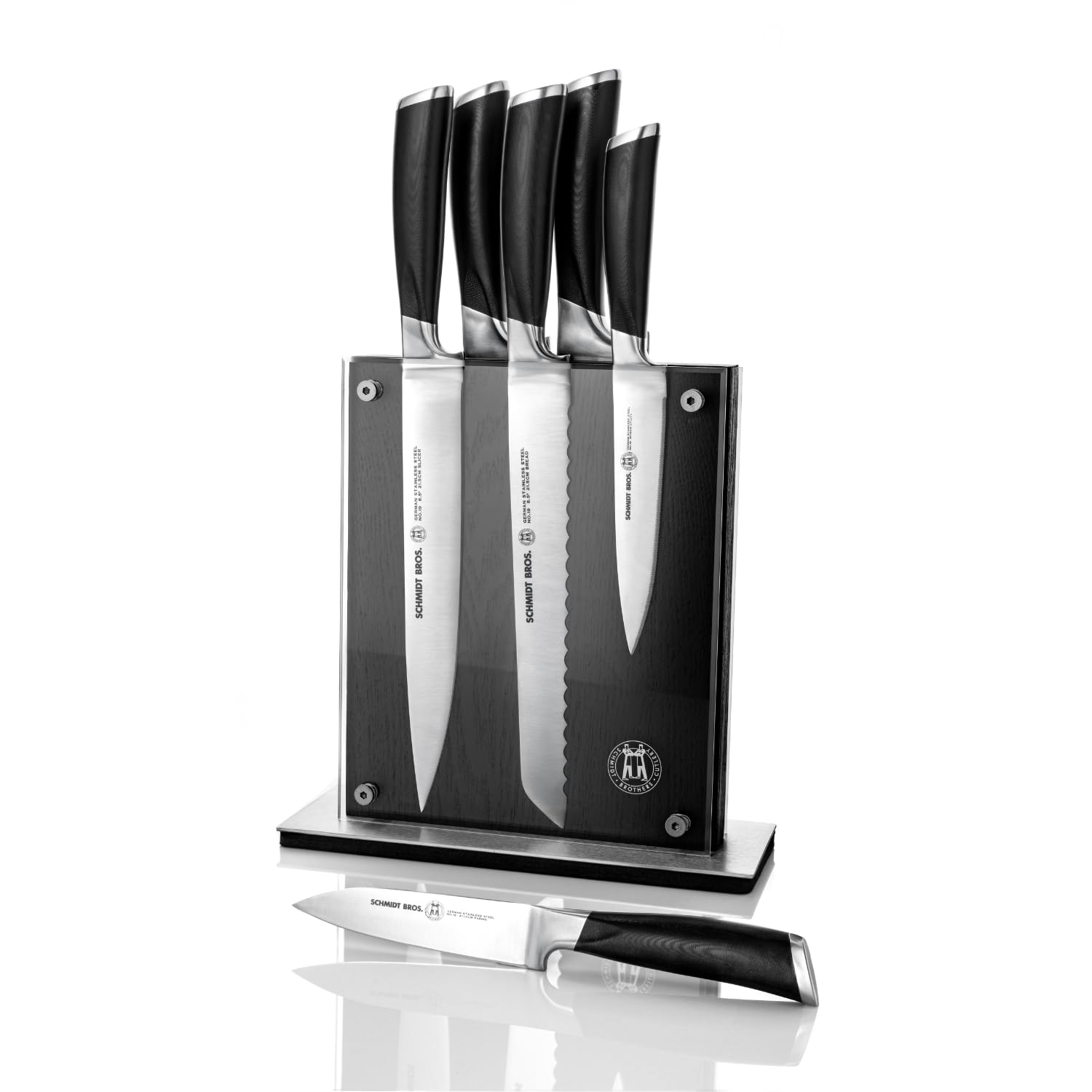 Schmidt Brothers - Heritage 7-Piece Kitcken Knife Set, High-Carbon German Stainless Steel Cutlery, and Clear Acrylic Magnetic Block Set