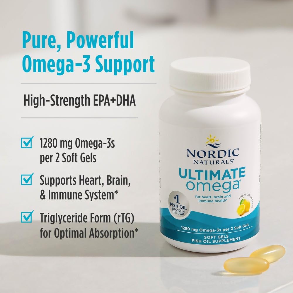 Nordic Naturals Ultimate Omega, Lemon Flavor - 180 Soft Gels - 1280 mg Omega-3 - High-Potency Fish Oil with EPA & DHA - Promotes Brain & Heart Health - Non-GMO - 90 Servings