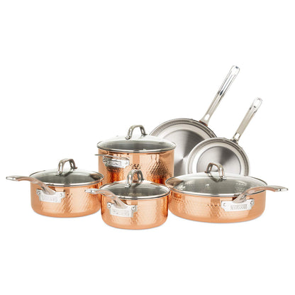 Viking Culinary 3-Ply Stainless Steel Hammered Copper Clad Cookware Set, 10 Piece, Oven Safe, Works on Electronic, Ceramic, and Gas Cooktops