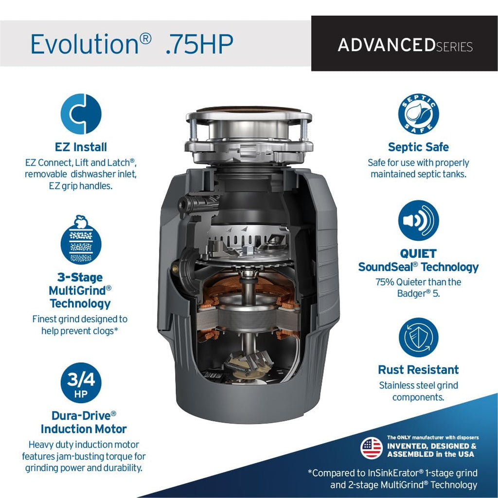 InSinkErator EVOLUTION 0.75HP 3/4 HP, Advanced Series EZ Connect Continuous Feed Food Waste Garbage Disposal, Gray