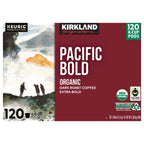Kirkland Signature Pacific Bold K-Cup 120 Count dark roast coffee packaging featuring organic and extra bold details.