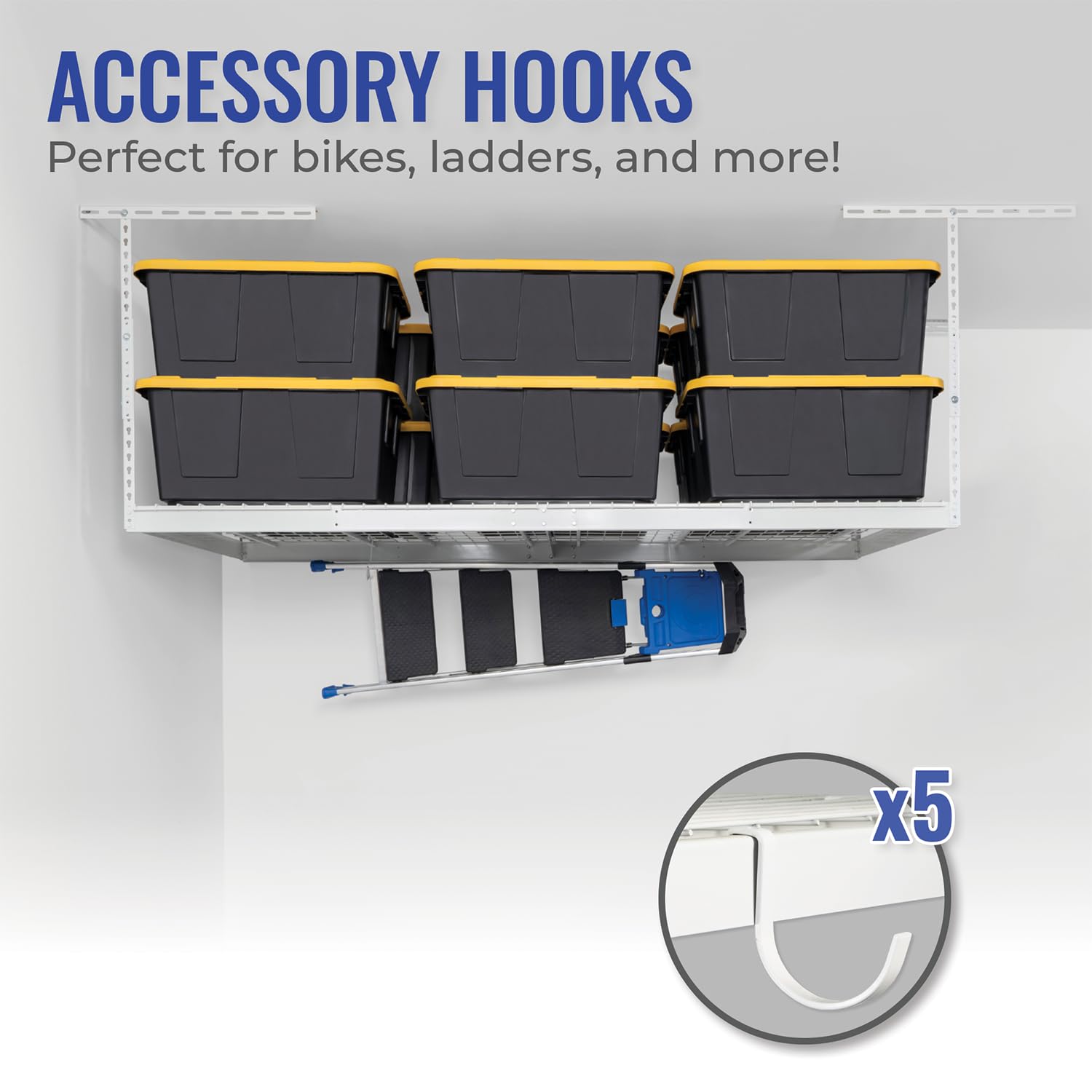 SafeRacks 4 ft x 8 ft Overhead Storage Rack Adjustable 24 in - 45in Height (White) With Accessory Pack With 5-Piece Hook Accessory Pack 2 pack