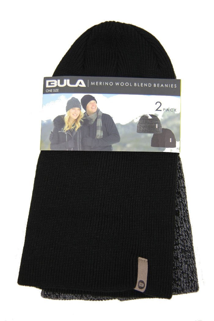 Bula Unisex Merino Wool Blend Beanies 2-Pack, Black/Gray, One Size