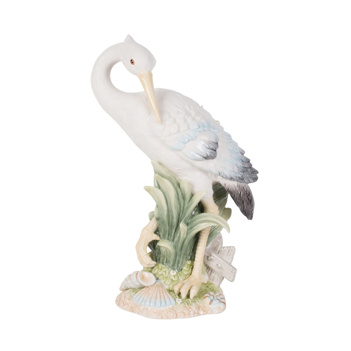 Fitz and Floyd Fitz & Floyd Newport Home Coastal Ceramic Egret Facing Backward Figurine, 14.25 inches White