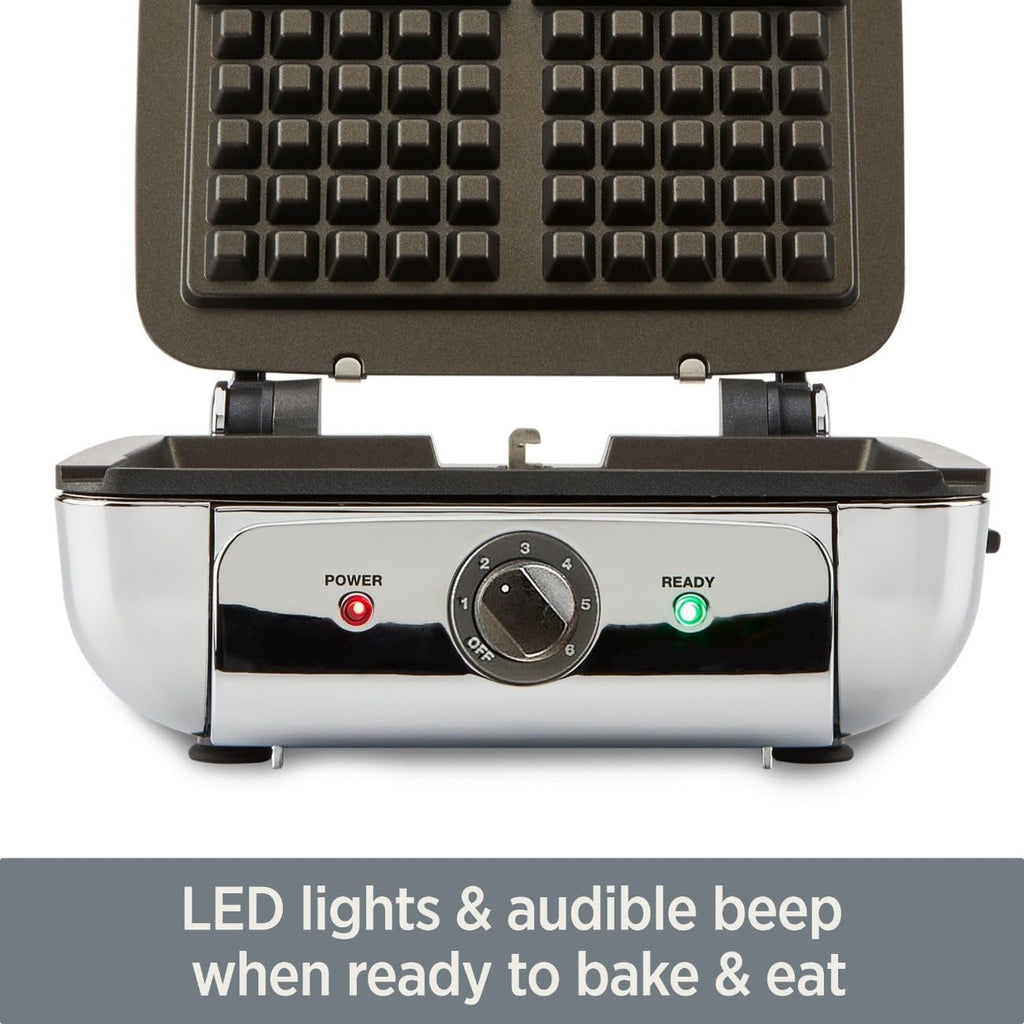 All-Clad Belgian Waffle Maker with LED lights and audible beep, indicating readiness to bake and eat.