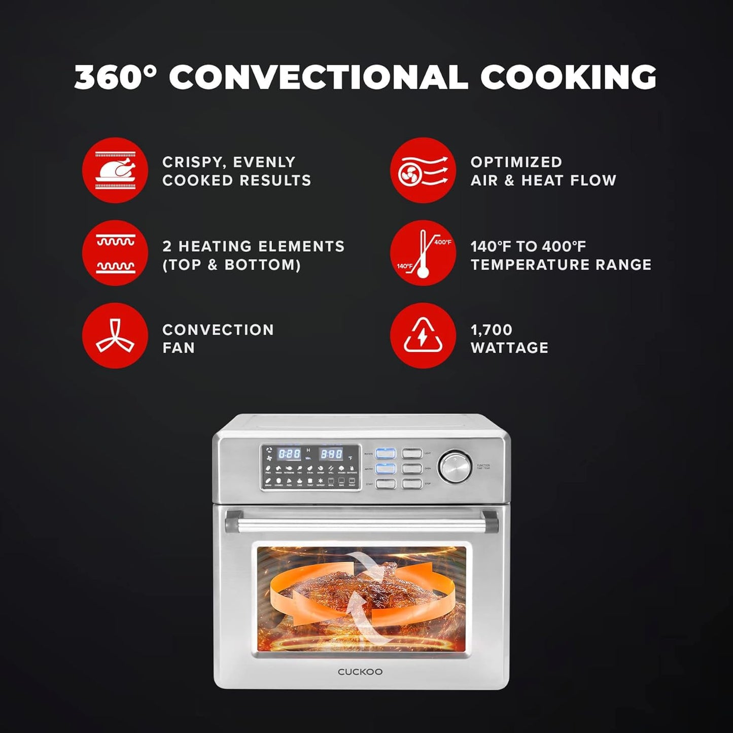 CUCKOO Air Oven | 18 Preset Modes, 360 Convectional Cooking, Premium Interior & Exterior, All accessories included Black/Stainless Steel CAFO-A2601S