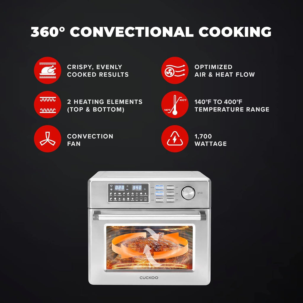 CUCKOO Air Fryer Oven showcasing 360° convectional cooking features with cooking results, heating elements, and wattage details.