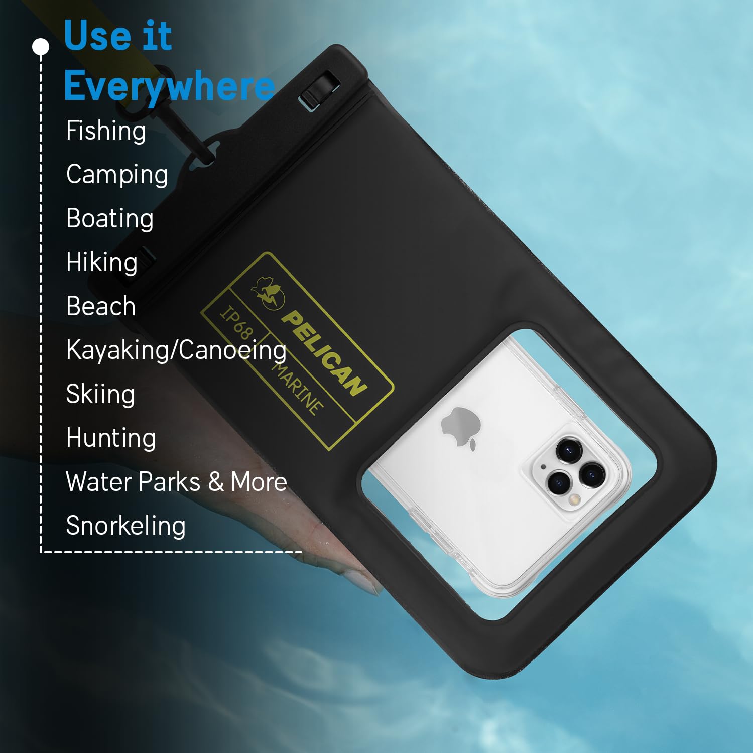 Pelican 4 Pack Marine - IP68 Waterproof Phone Pouch (XL Size) Floating Waterproof Phone Case - Beach Cruise Ship Travel Essentials - Works with All Phones - Detachable Lanyard - Black/Hi-Vis Yellow