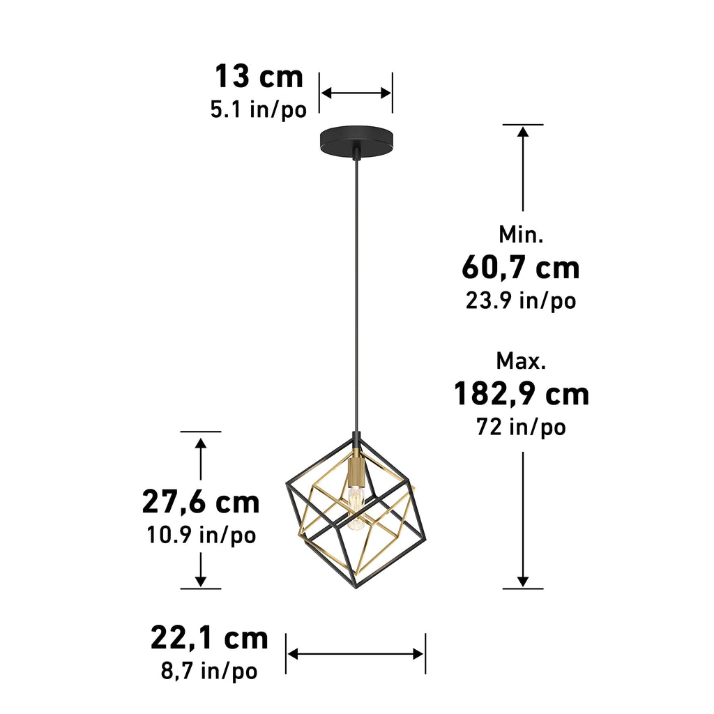 artika Imperium 25W 1-Light Modern Mid-Century Pendant Light Fixture, Black and Gold Finish - Geometric Kitchen Island Light, Made of Steel, Bulb Not Included