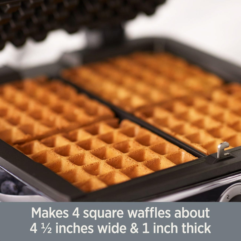 All-Clad Belgian Waffle Maker making 4 square waffles about 4 ½ inches wide and 1 inch thick.
