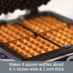 All-Clad Belgian Waffle Maker making 4 square waffles about 4 ½ inches wide and 1 inch thick.