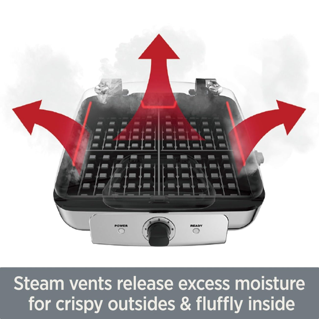 All-Clad Belgian Waffle Maker steam vents promoting crispy outsides and fluffy insides of waffles.