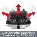 All-Clad Belgian Waffle Maker steam vents promoting crispy outsides and fluffy insides of waffles.