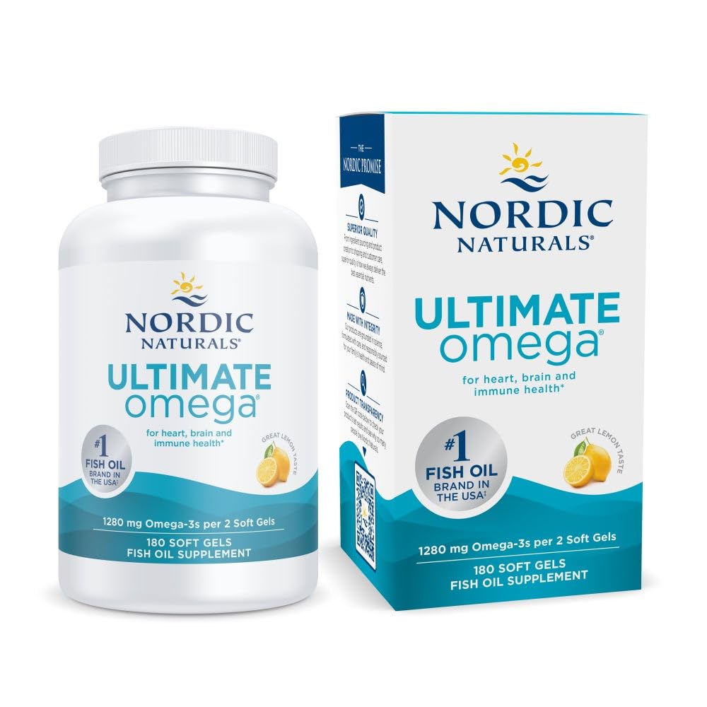Nordic Naturals Ultimate Omega, Lemon Flavor - 180 Soft Gels - 1280 mg Omega-3 - High-Potency Fish Oil with EPA & DHA - Promotes Brain & Heart Health - Non-GMO - 90 Servings