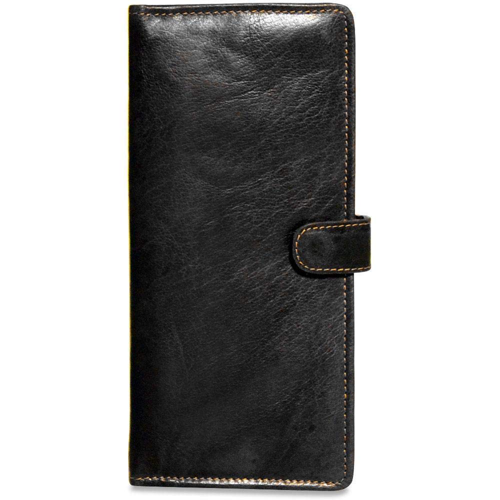 Jack Georges Voyager Travel Wallet in black buffalo leather with secure closure, ideal for organized travel.