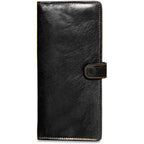 Jack Georges Voyager Travel Wallet in black buffalo leather with secure closure, ideal for organized travel.