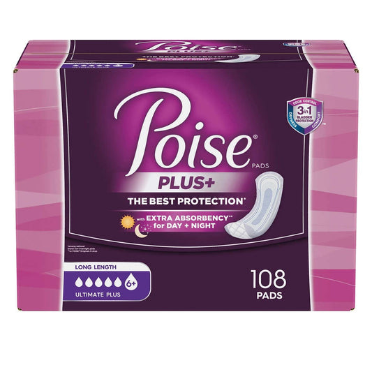 Poise Plus Ultimate Absorbency Long Pads, 108 Count