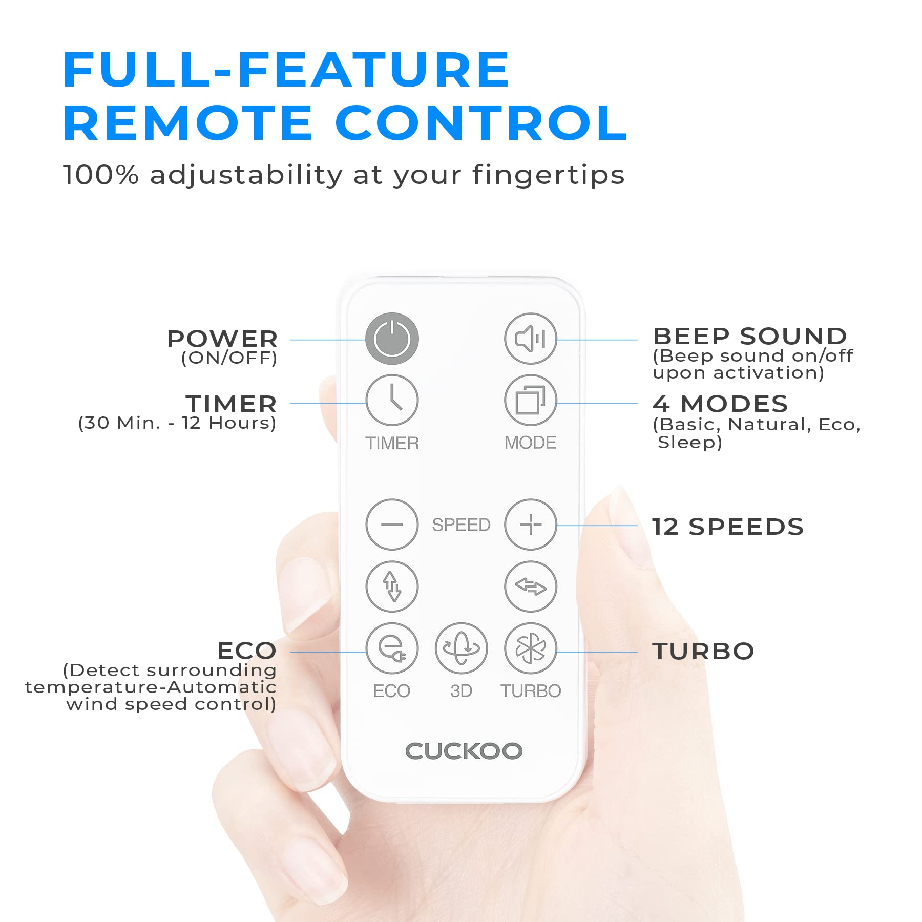 CUCKOO Air Circulator Standing Fan, 12 Speeds, 360 Oscillation, Quiet BLDC Motor, Remote Controls 4-in-1 Modes, Height Adjustable, 80 Feet, CF-AC1410WH White