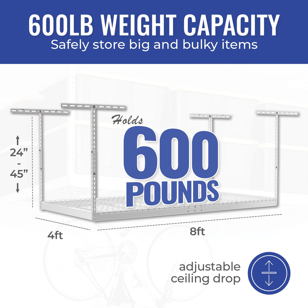 SafeRacks 4 ft x 8 ft Overhead Storage Rack Adjustable 24 in - 45in Height (White) With Accessory Pack With 5-Piece Hook Accessory Pack 2 pack