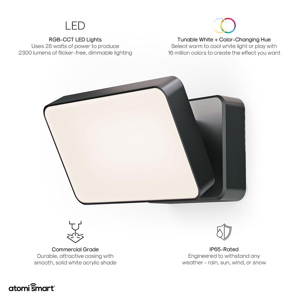 Atomi Smart WiFi LED Floodlight—2300 Lumens, Dimmable, Premium Aluminum Construction, IP65 All-Weather, Tunable White, Color Changing, Works with Voice Control